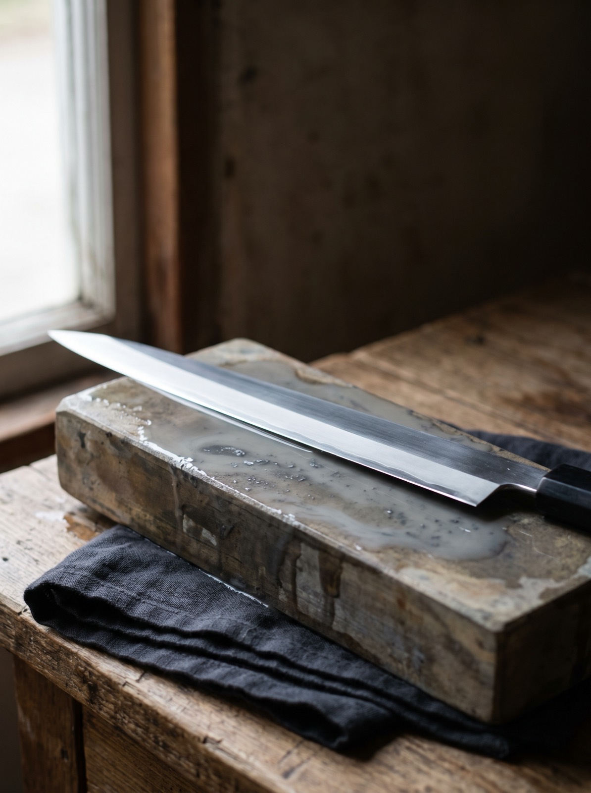 A single-bevel Japanese knife on a whetstone.