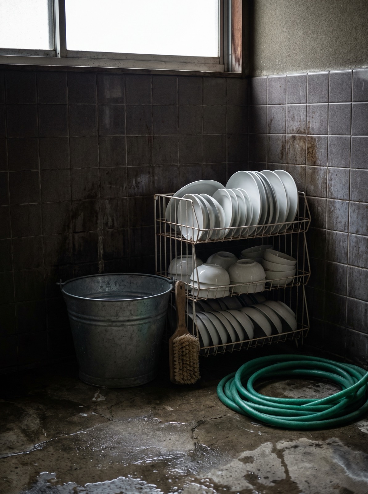 A bucket, a brush and a stack of washed dishes at the back of a kitchen.