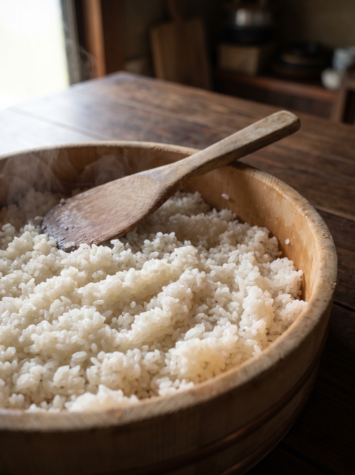 Vinegared rice being cut and cooled in a wooden tub.