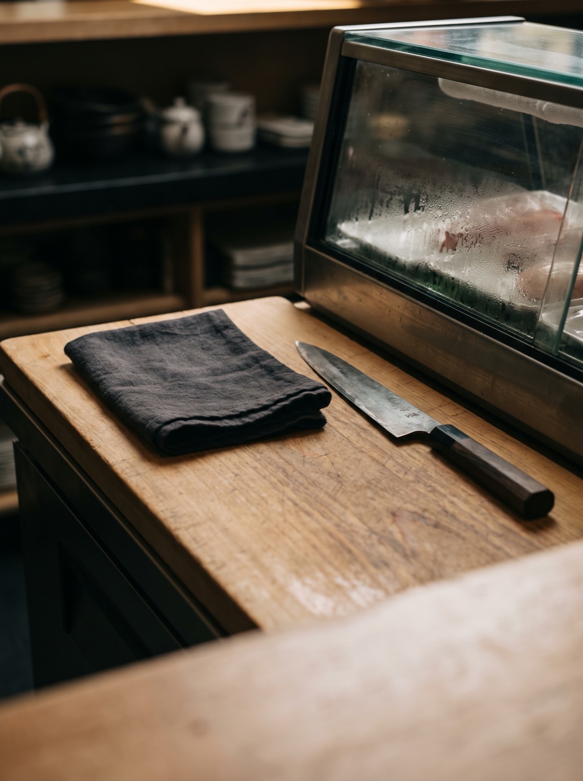 The chef’s station at the centre of the counter, unoccupied.