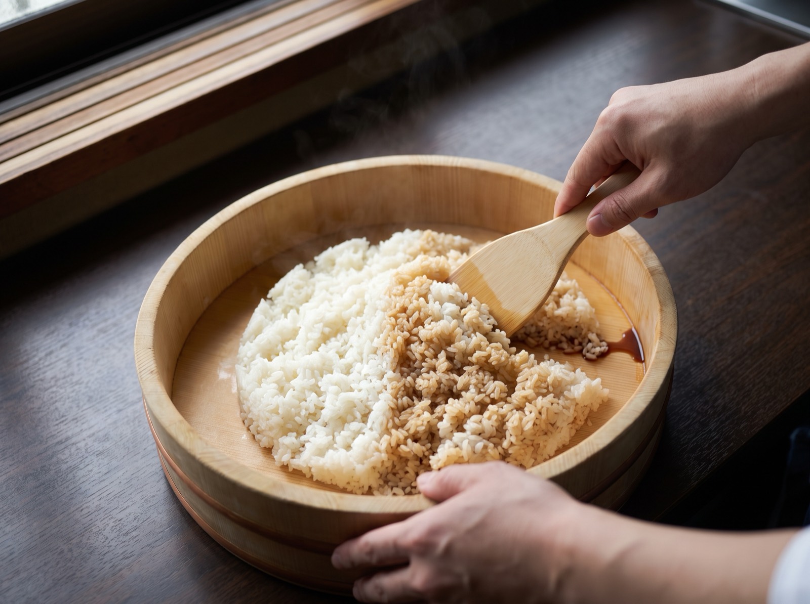 Akazu, rice halfway mixed with red vinegar, one side already turning amber.