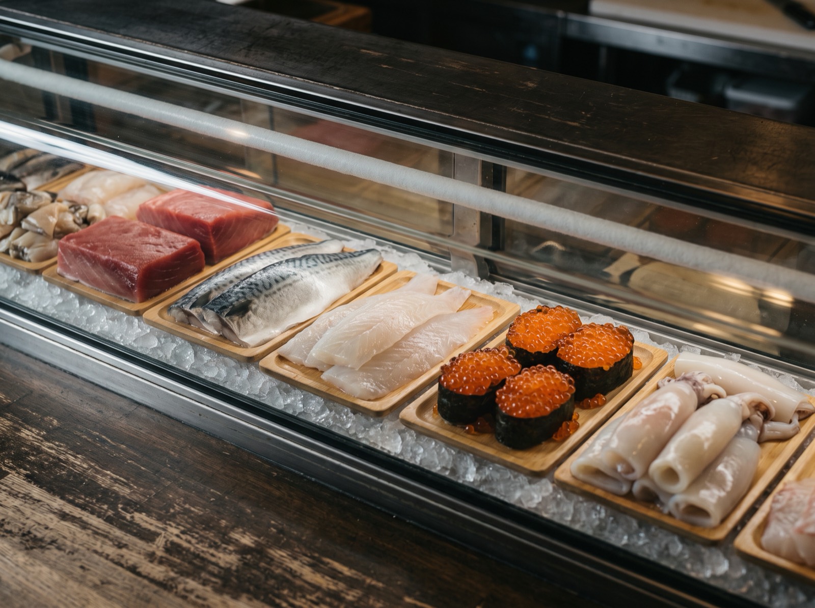 Fish and shellfish laid out in a counter case.