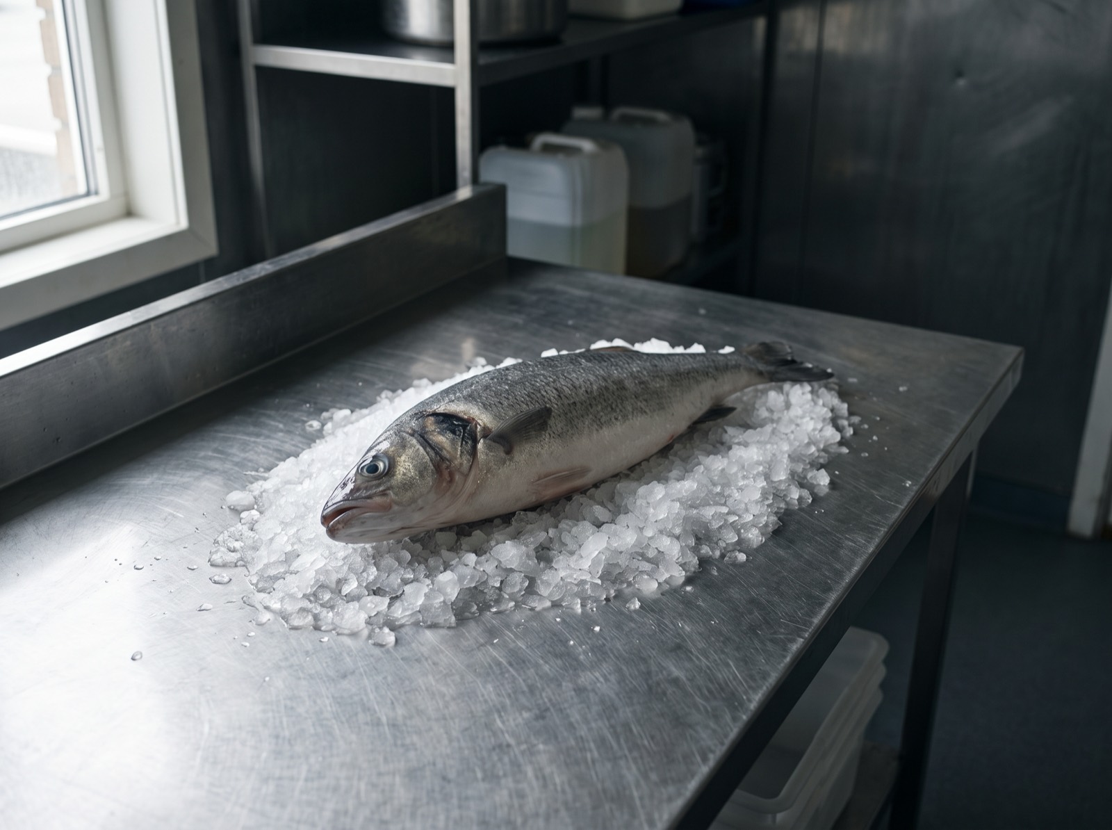 Ikejime, a whole fish laid on ice, its flesh already stilled and prepared.