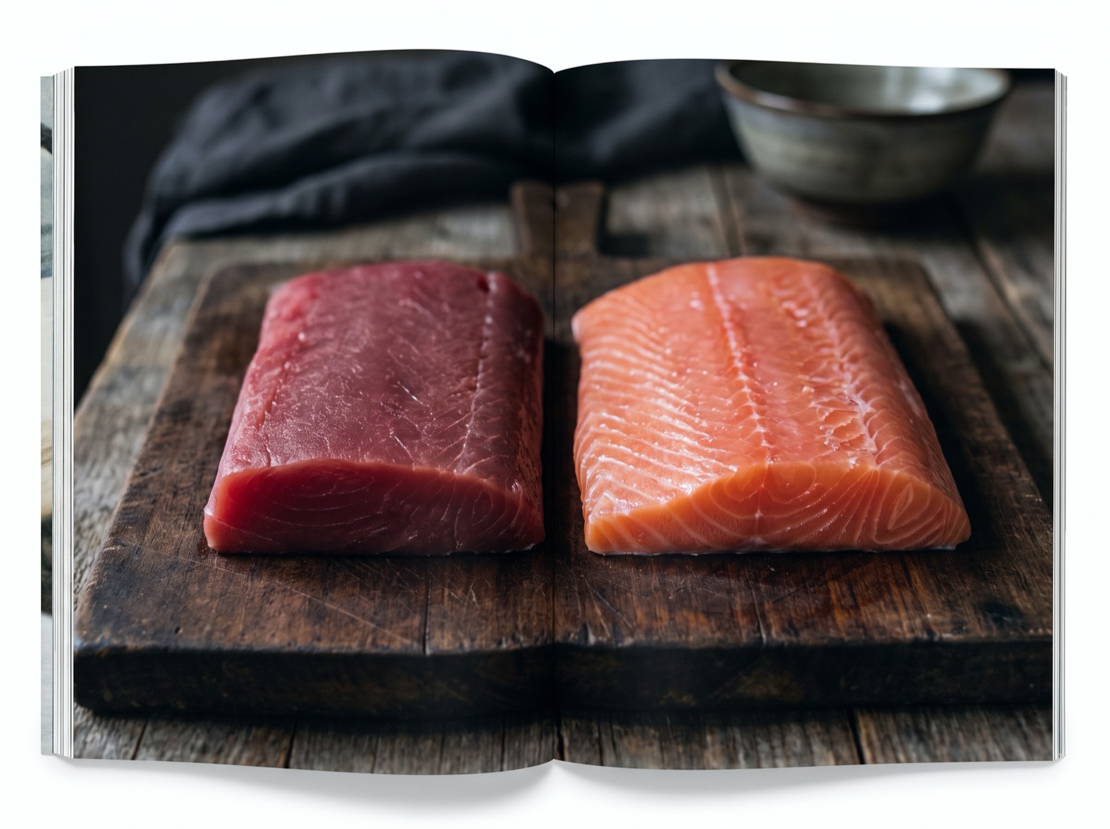 Jukusei, two fillets of the same fish laid side by side, one aged and one same-day.