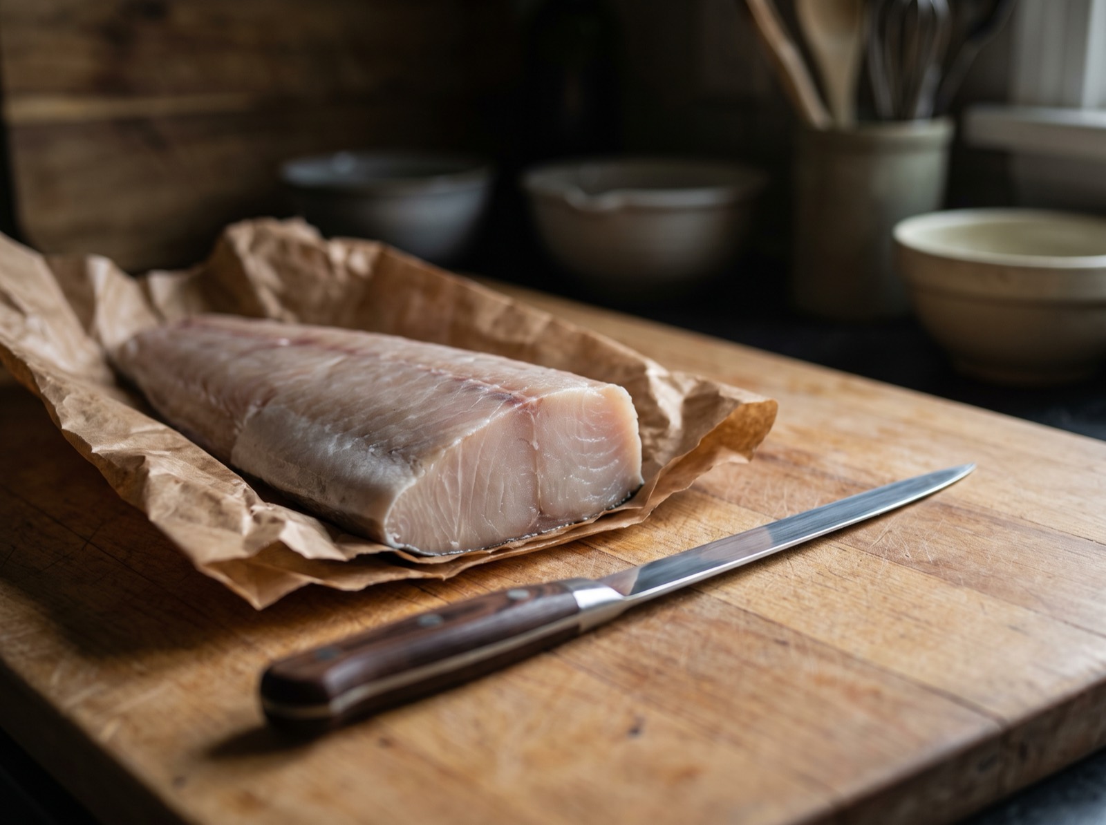 A block of amberjack resting, wrapped, on the bench.