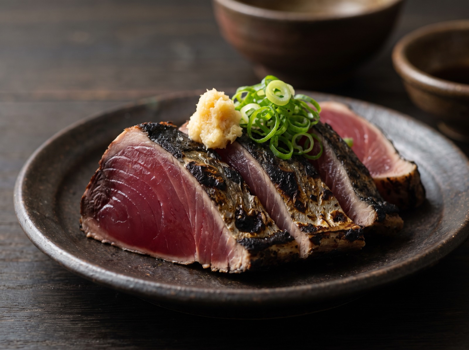 Straw-seared bonito, charred outside and raw within.