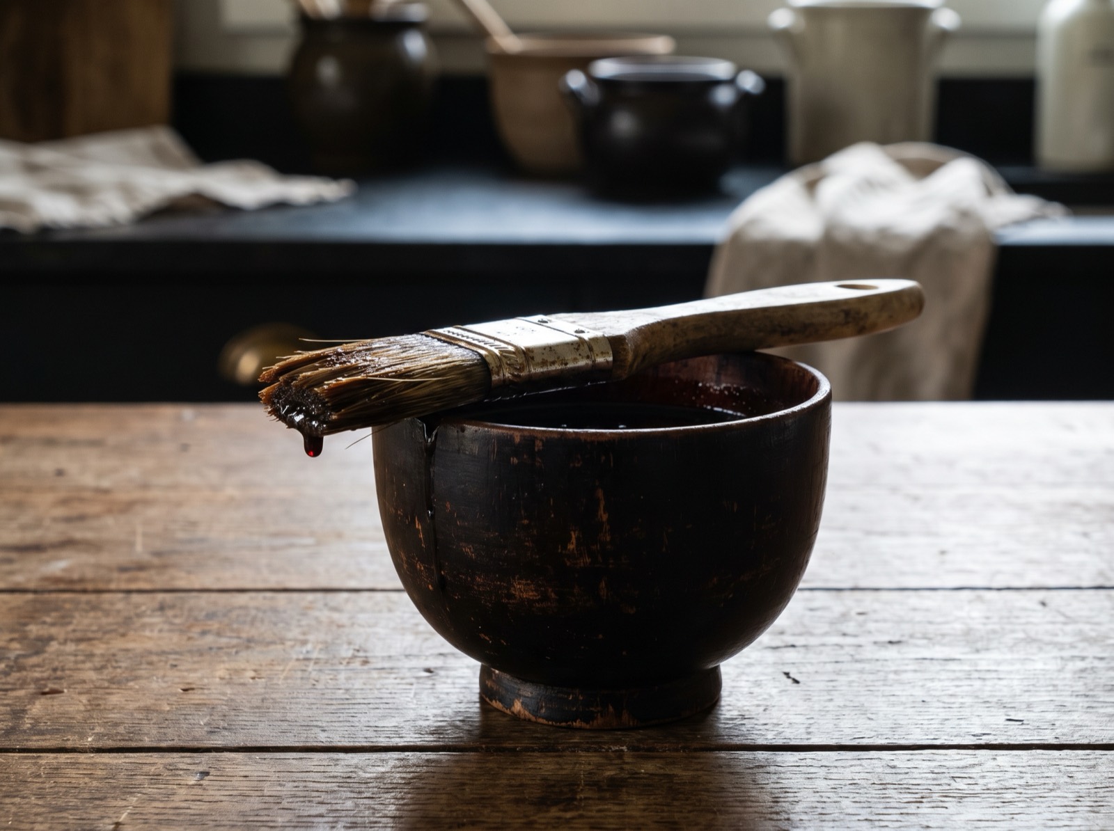 Nikiri, a small bowl of soy glaze with a flat brush resting across it.