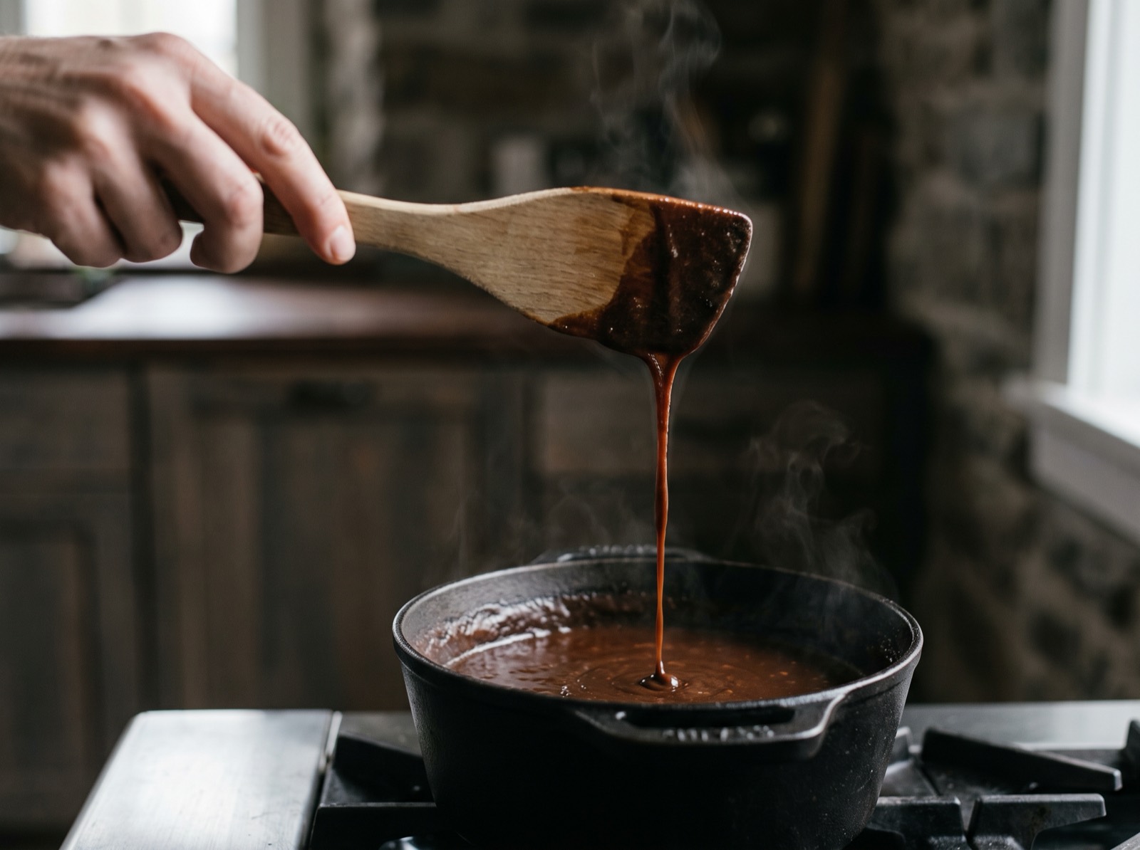 Nitsume, a dark sauce reduced in a pot, a spatula lifting a ribbon that holds its shape.