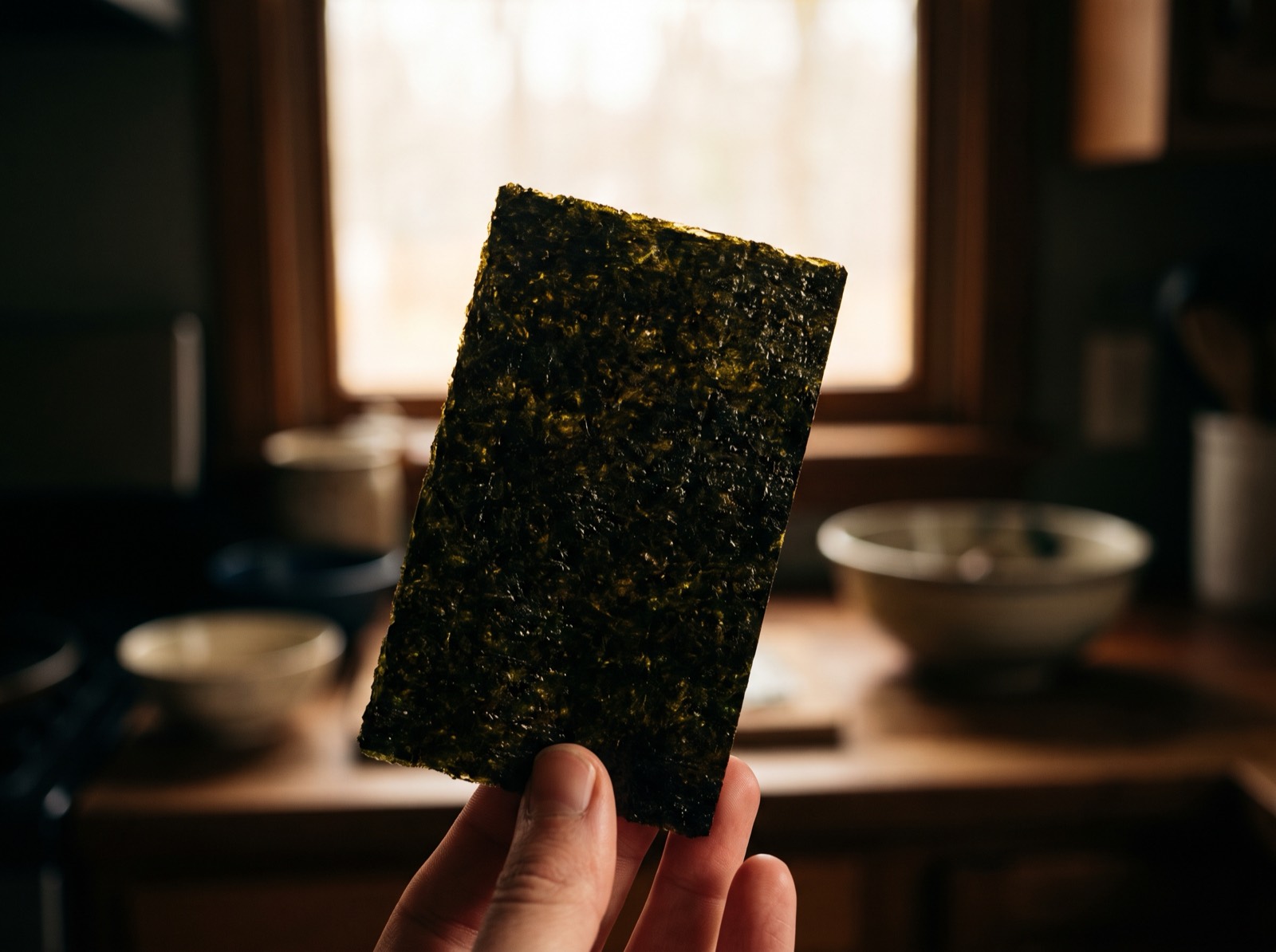 A sheet of toasted nori held up to the light.