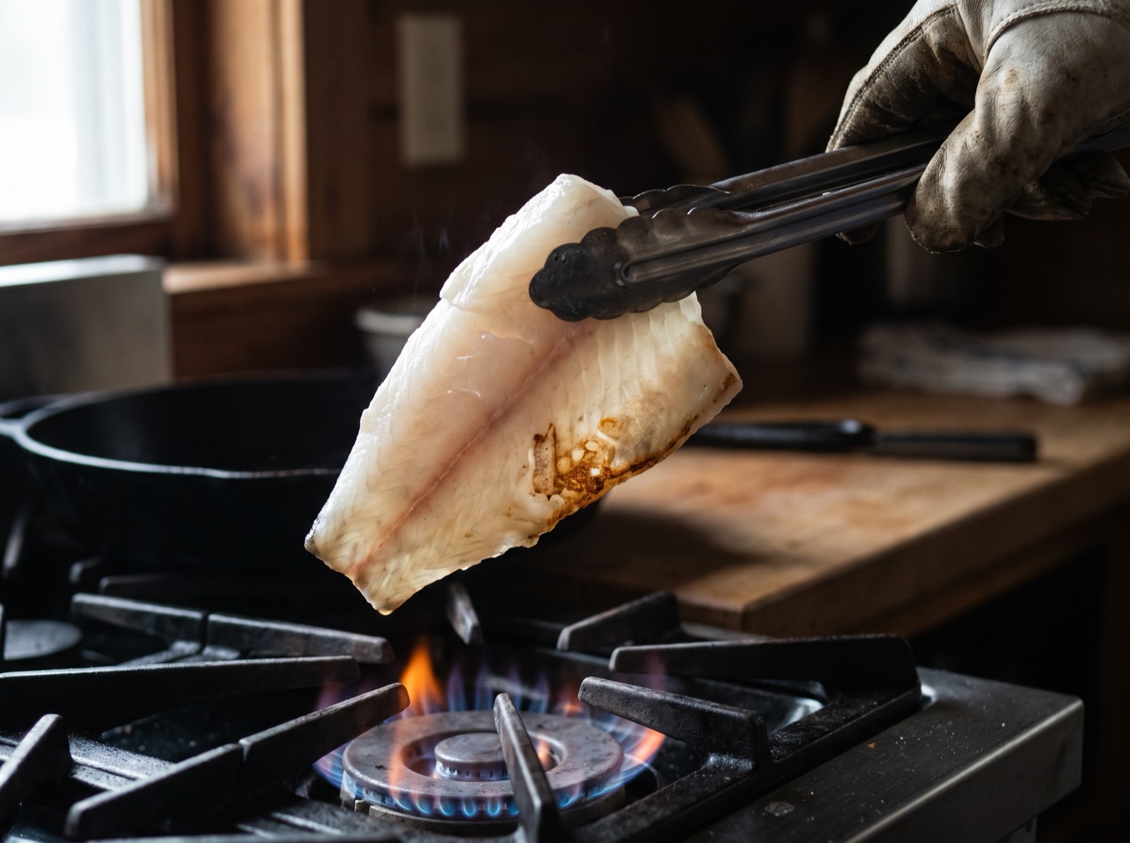 Sawara, a fillet held skin-down over an open flame, its surface just beginning to colour.