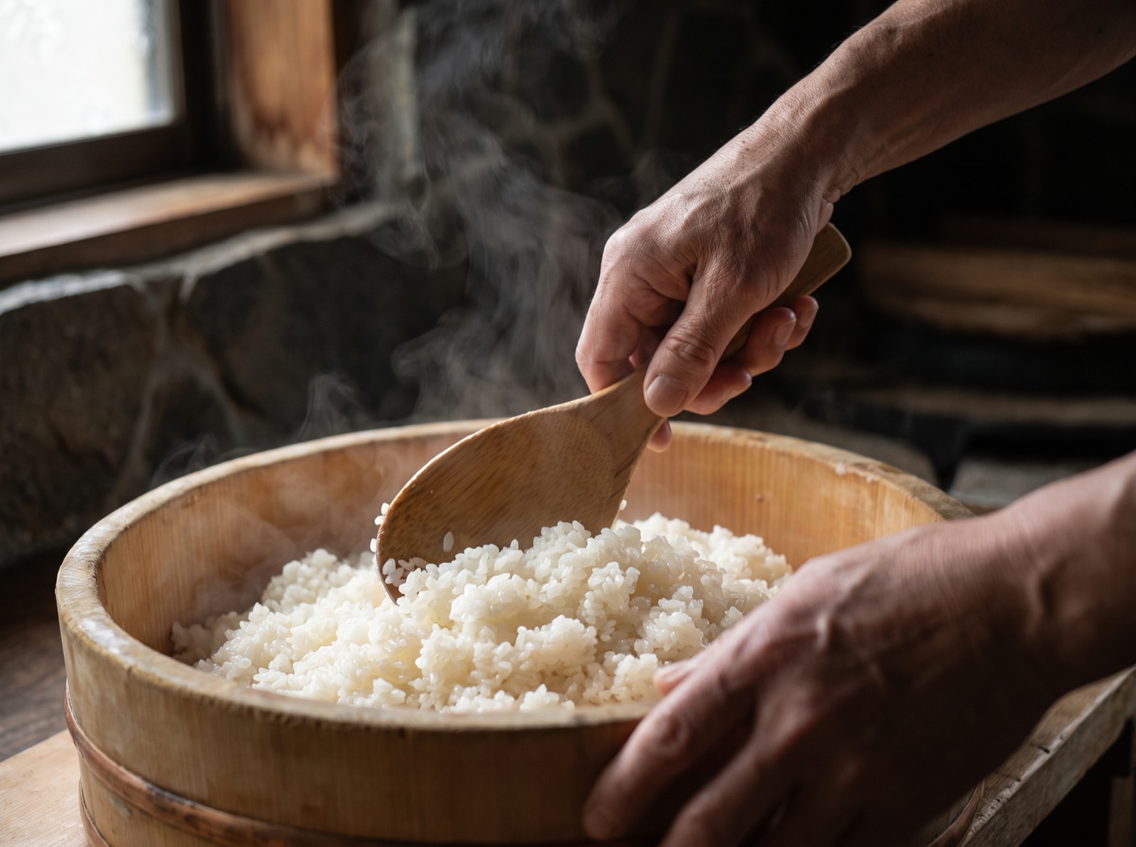 Sushi rice being cut with a paddle in a wooden tub.