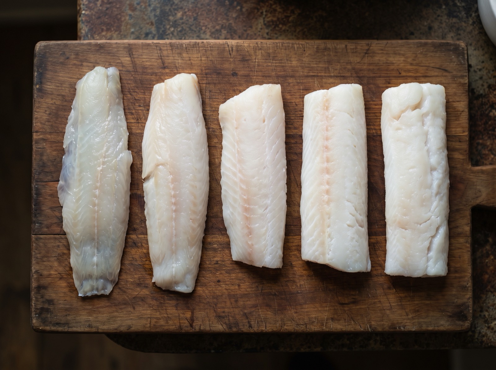 Shiromi, several white fish fillets ordered from most translucent to most opaque.
