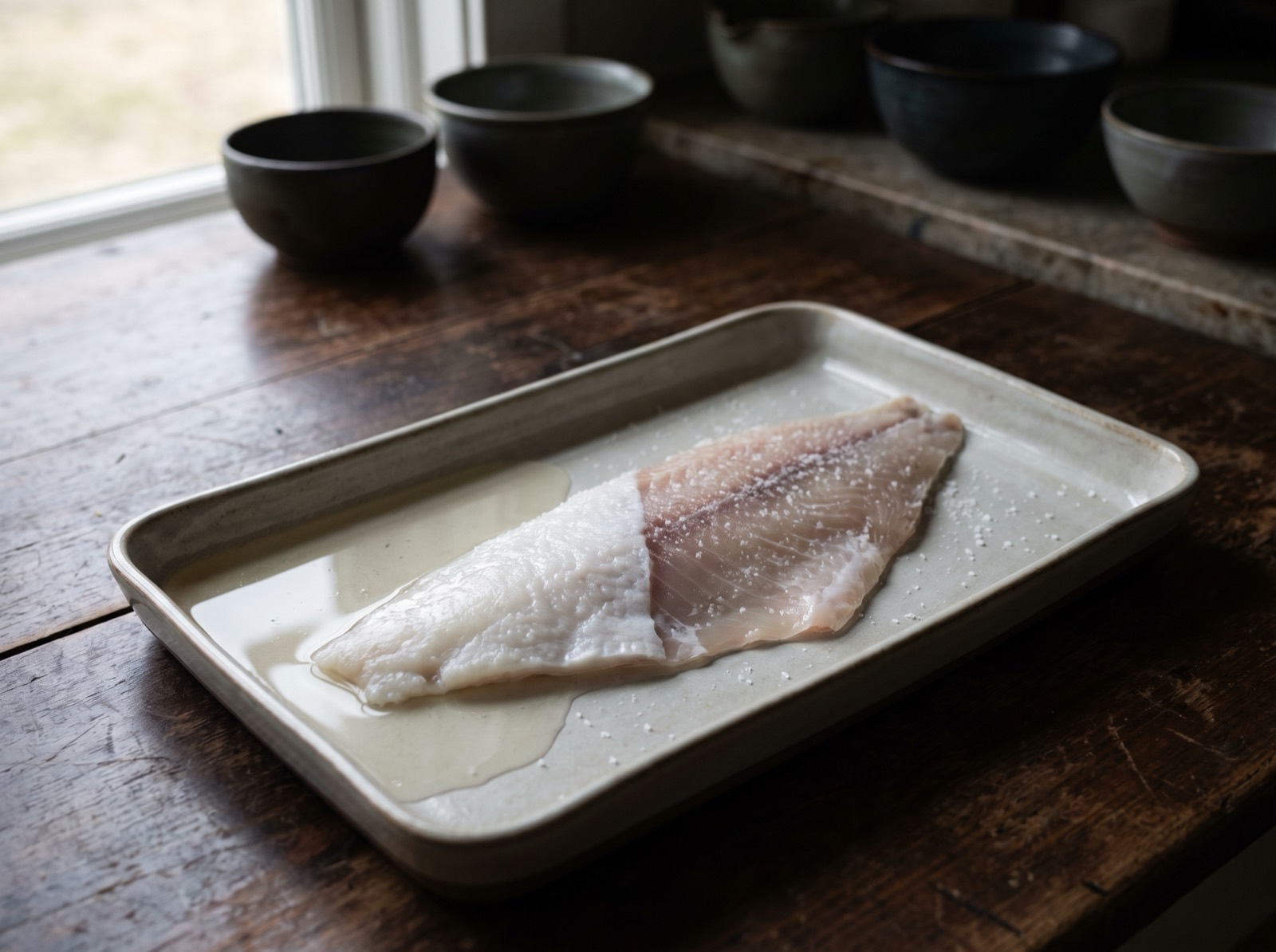 Sujime, a fillet halfway submerged in vinegar, one edge already turning white.