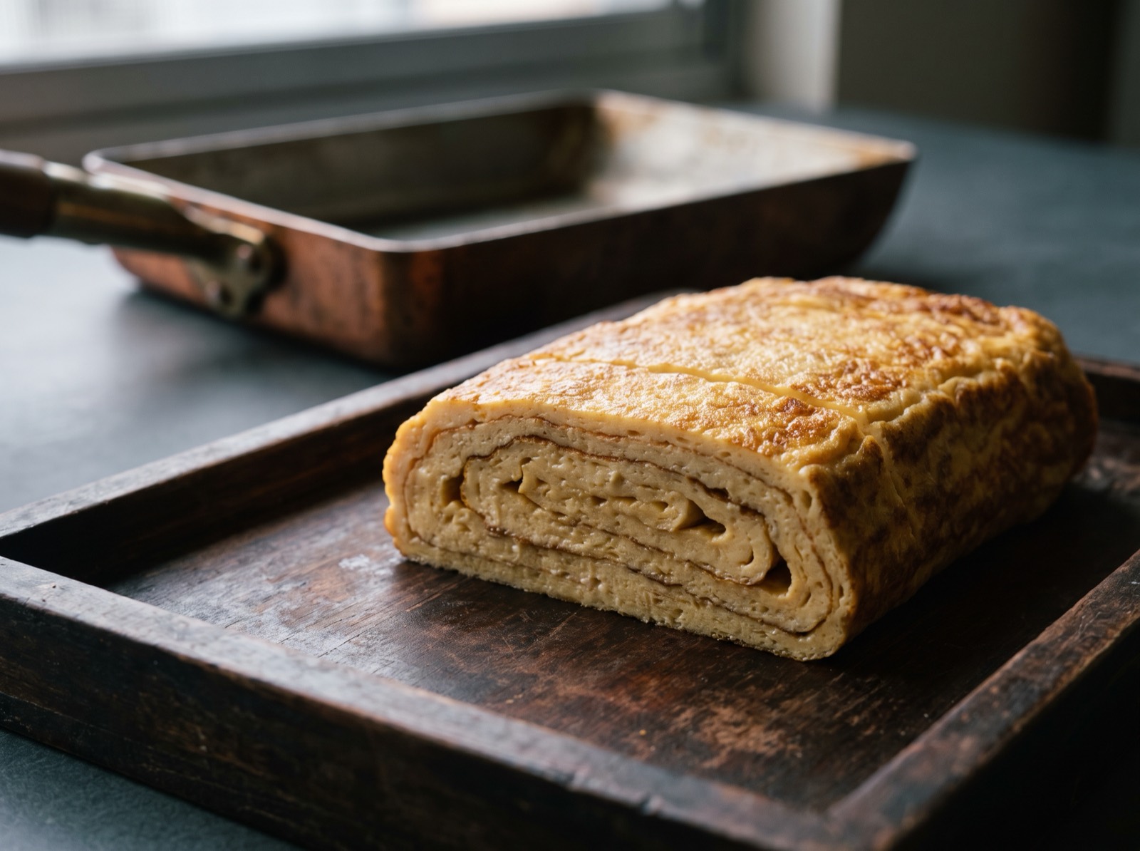 Tamagoyaki, sliced to show the folded layers.