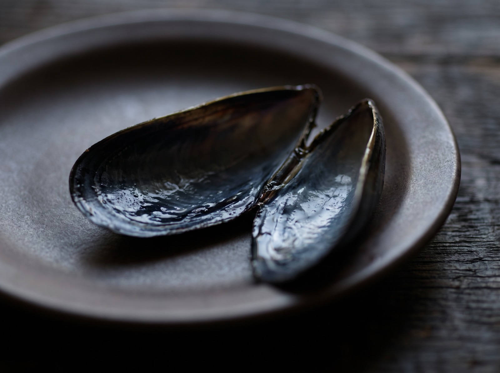 Torigai, flesh opened from its shell with the glossy black membrane facing up.