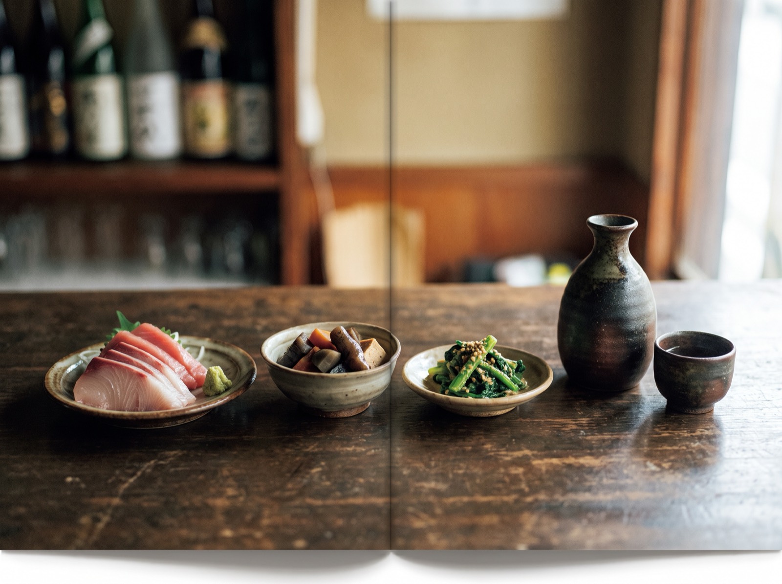 Tsumami, a row of small dishes on the counter before any nigiri has been served.