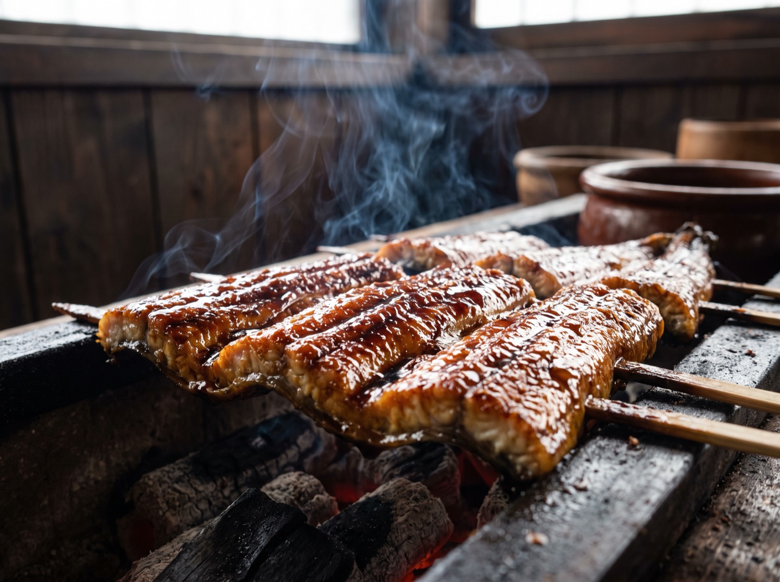 Grilled eel, skewered and glazed over the fire.
