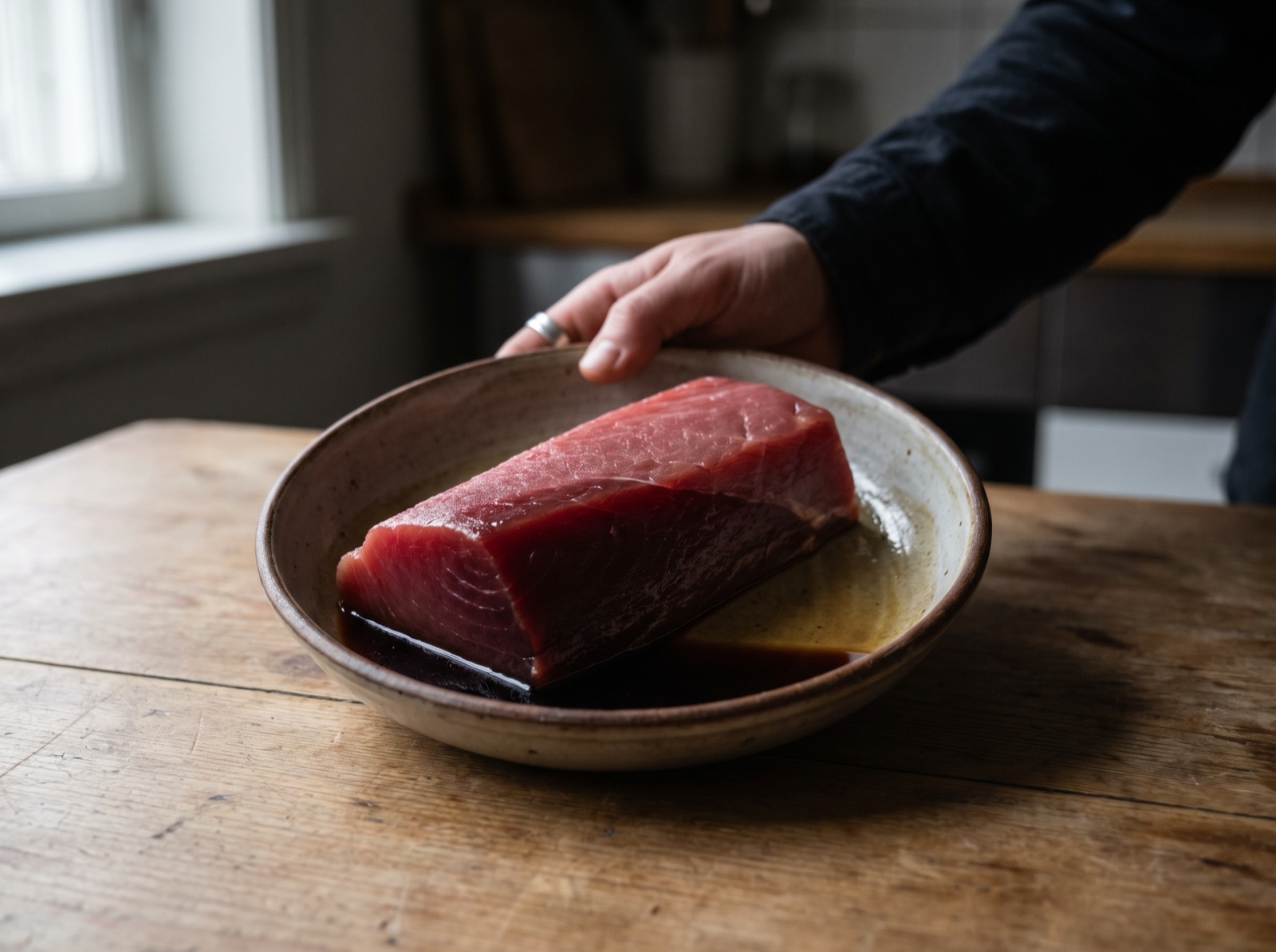 Zuke, a block of tuna resting in marinade, only its submerged face darkened.
