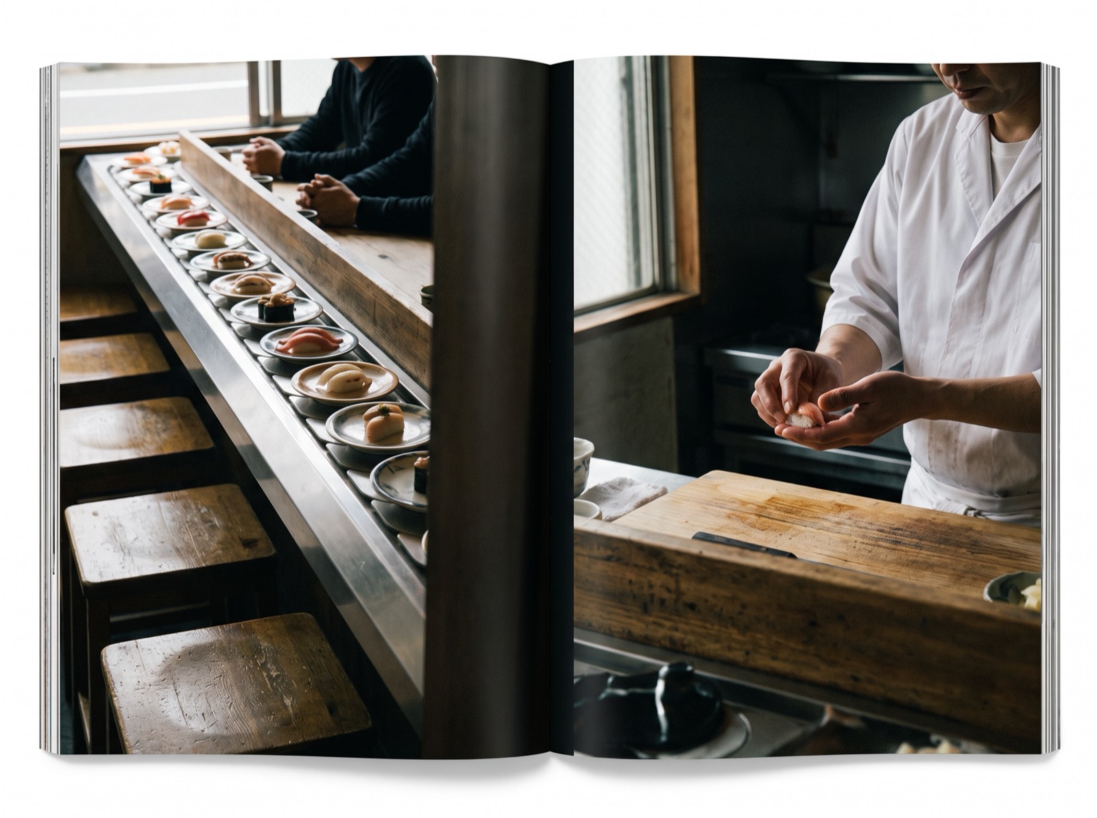 A conveyor lane on one side, a chef at the counter on the other.