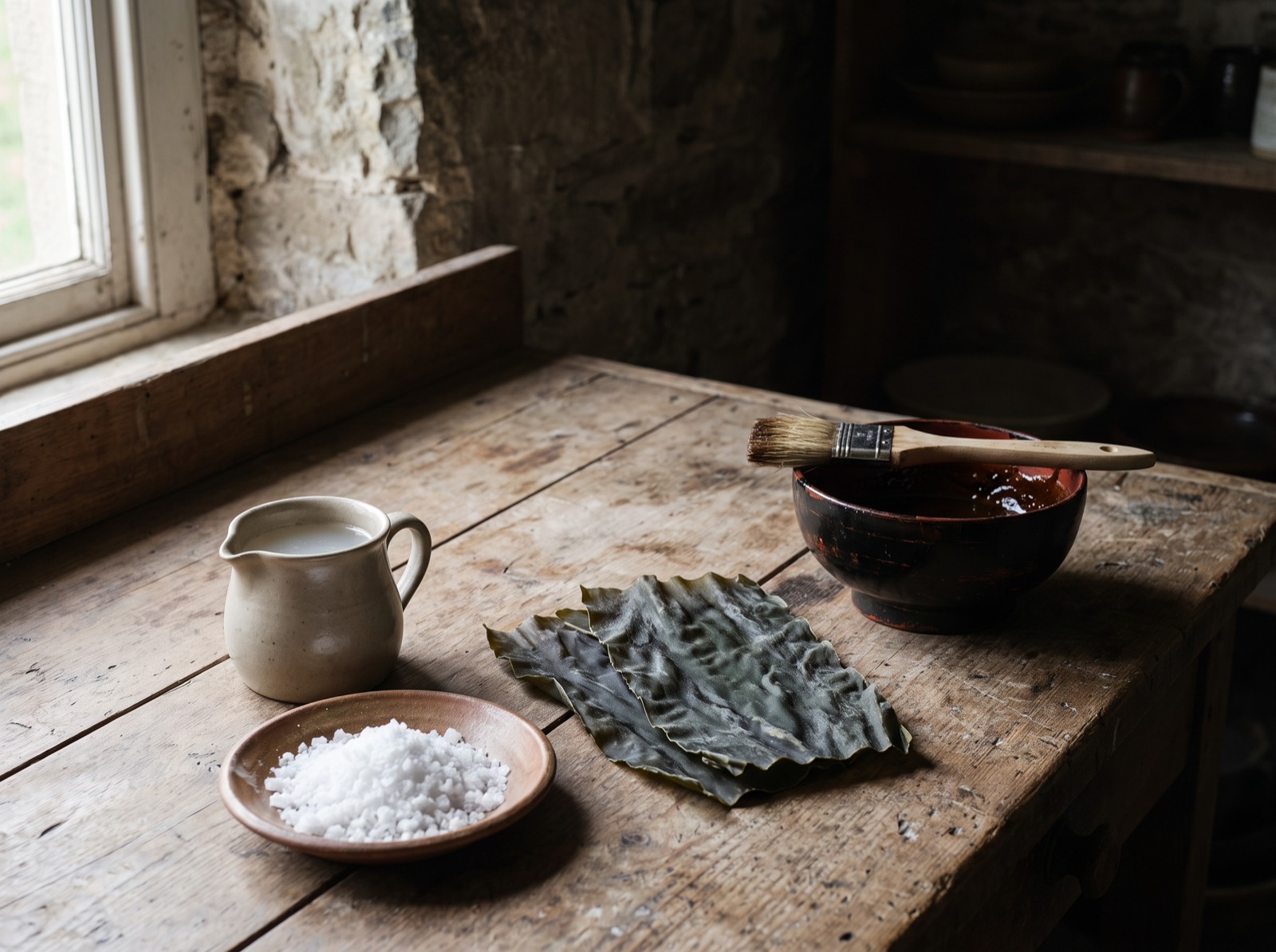 The tools of Edomae preparation: vinegar, salt, kombu, nikiri.