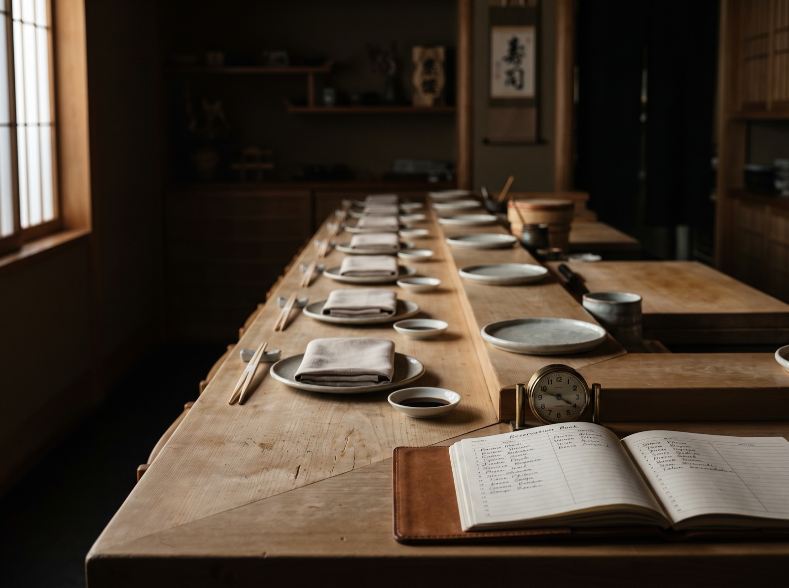 An empty counter set for the evening, with the reservation book open.