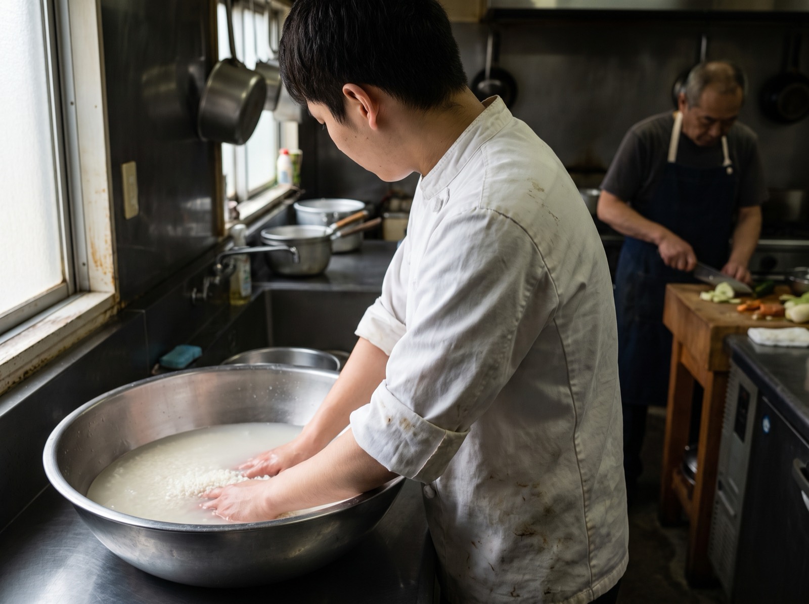 An apprentice washing rice in a deep steel bowl, before service.