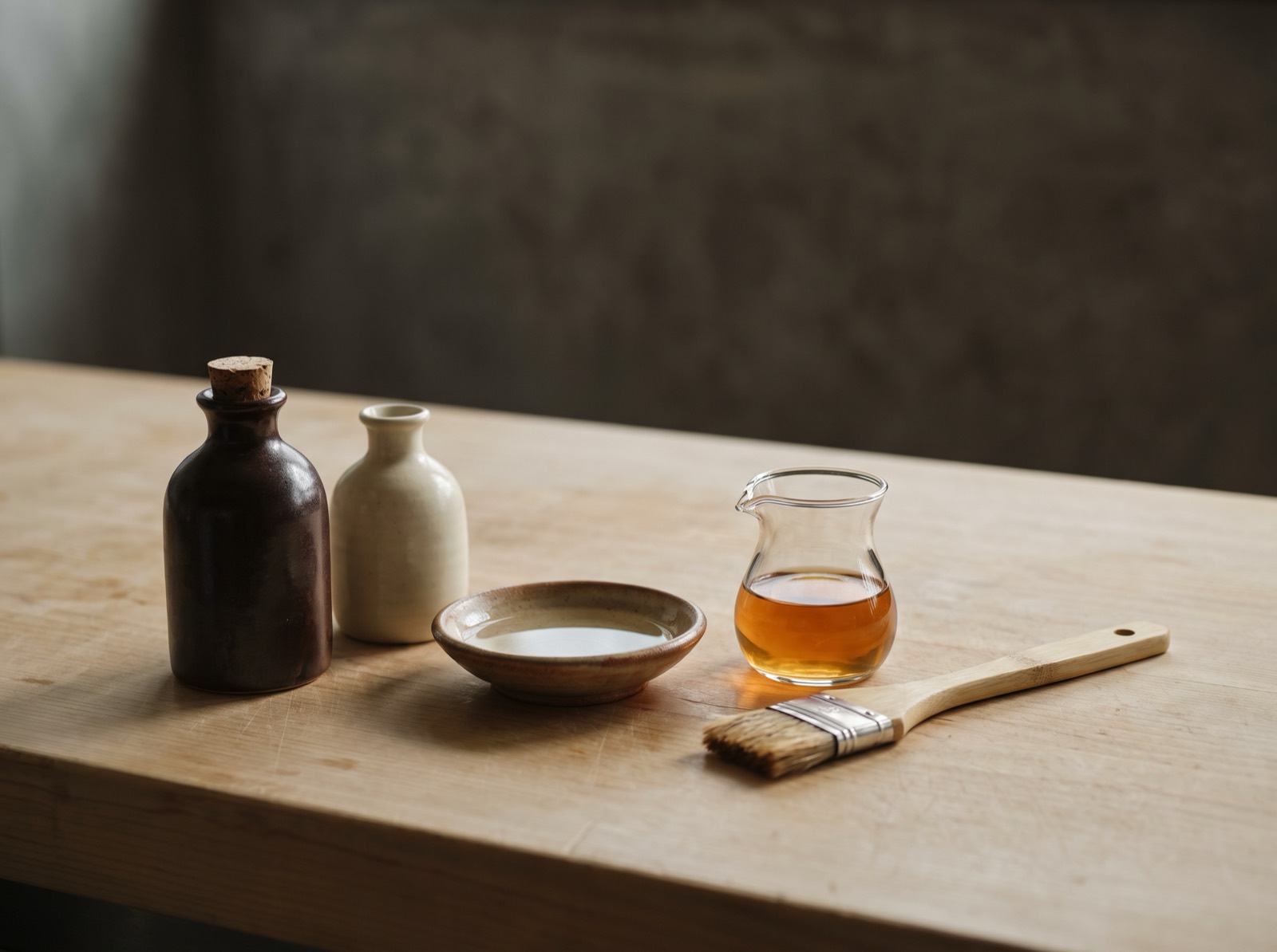 Small ceramic bottles and dishes of seasoning beside a flat brush on a plain wooden counter.
