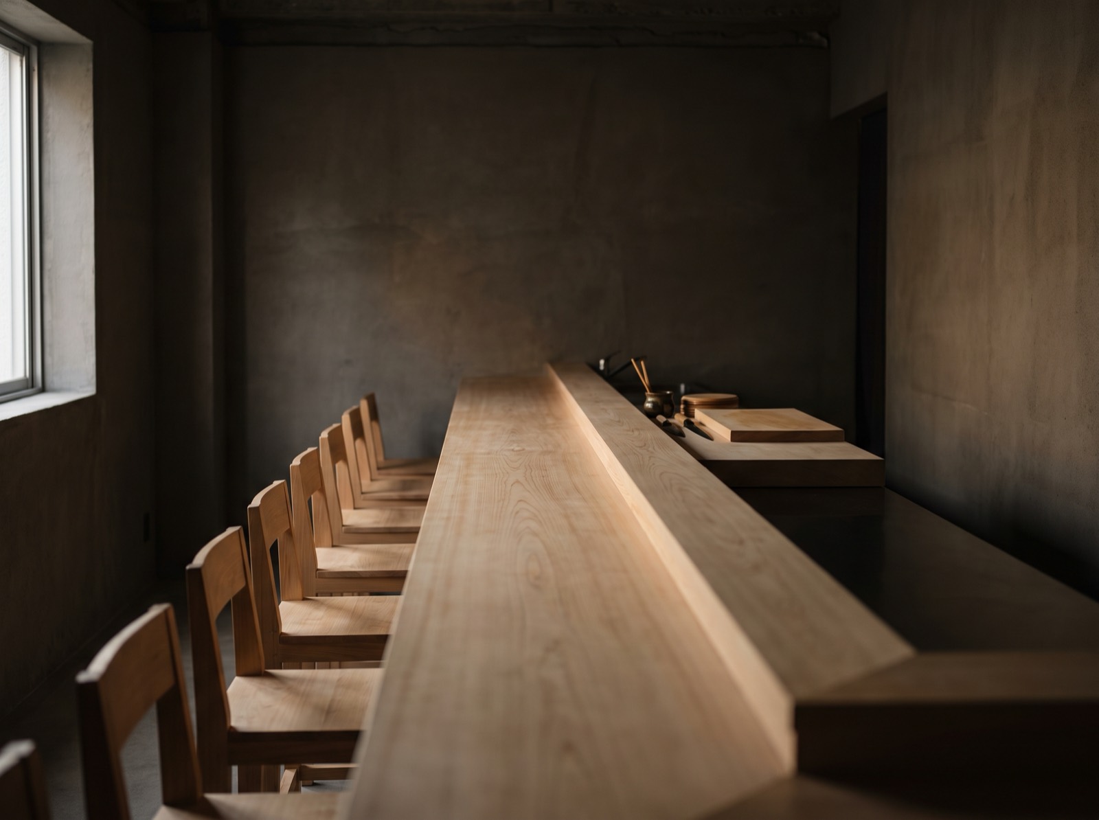 An eight-seat counter, empty before service.