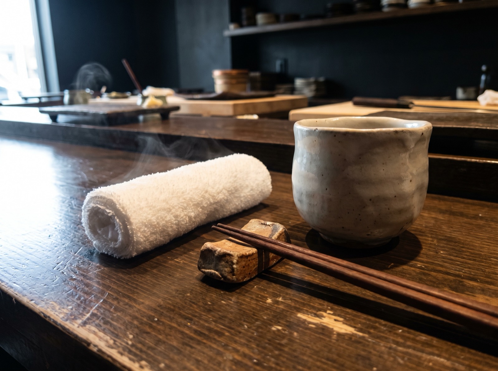 A counter place setting at the moment of sitting down.