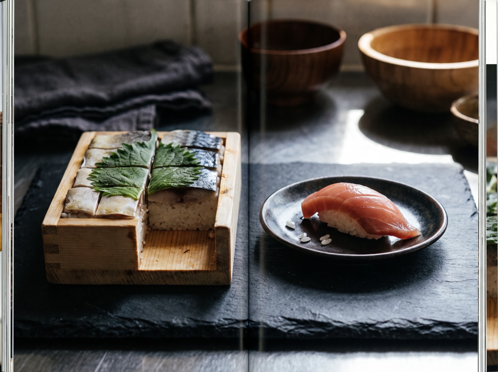 Pressed box sushi and hand-formed nigiri in one frame.