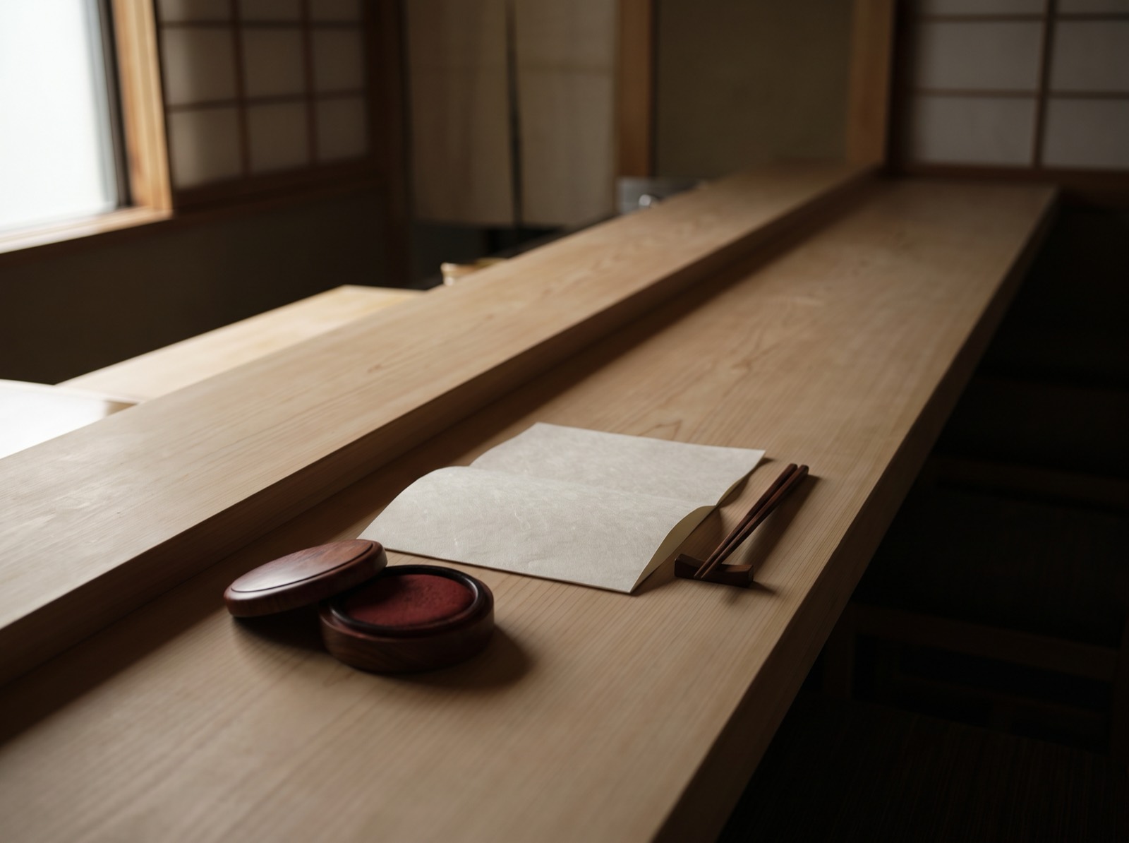 A bare counter with a blank folded paper and an ink pad, before service.
