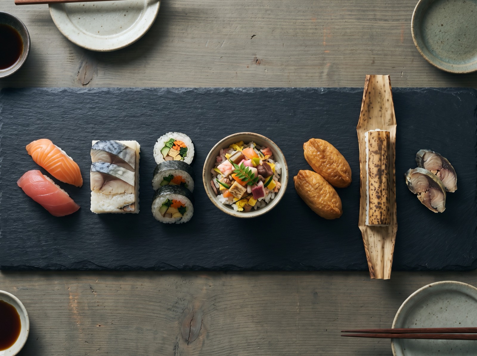 Seven forms of sushi laid out together.