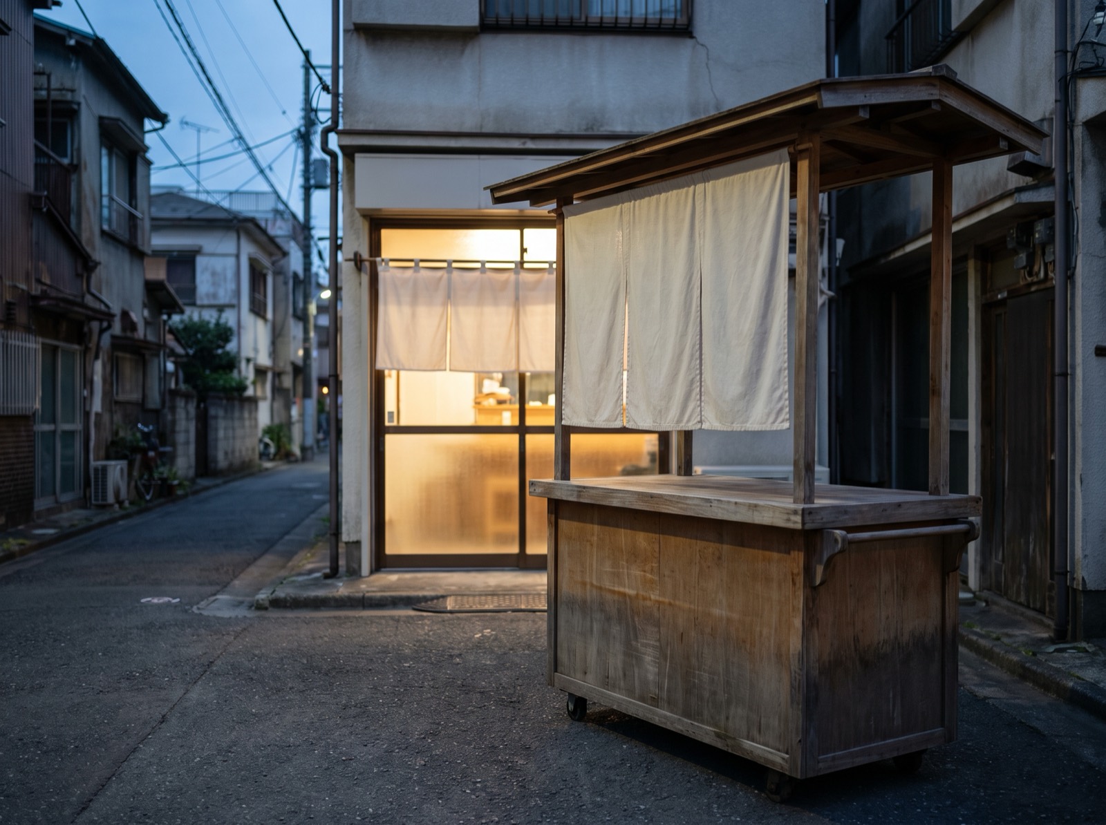 A small wooden street stall beside a lit shop front at dusk.