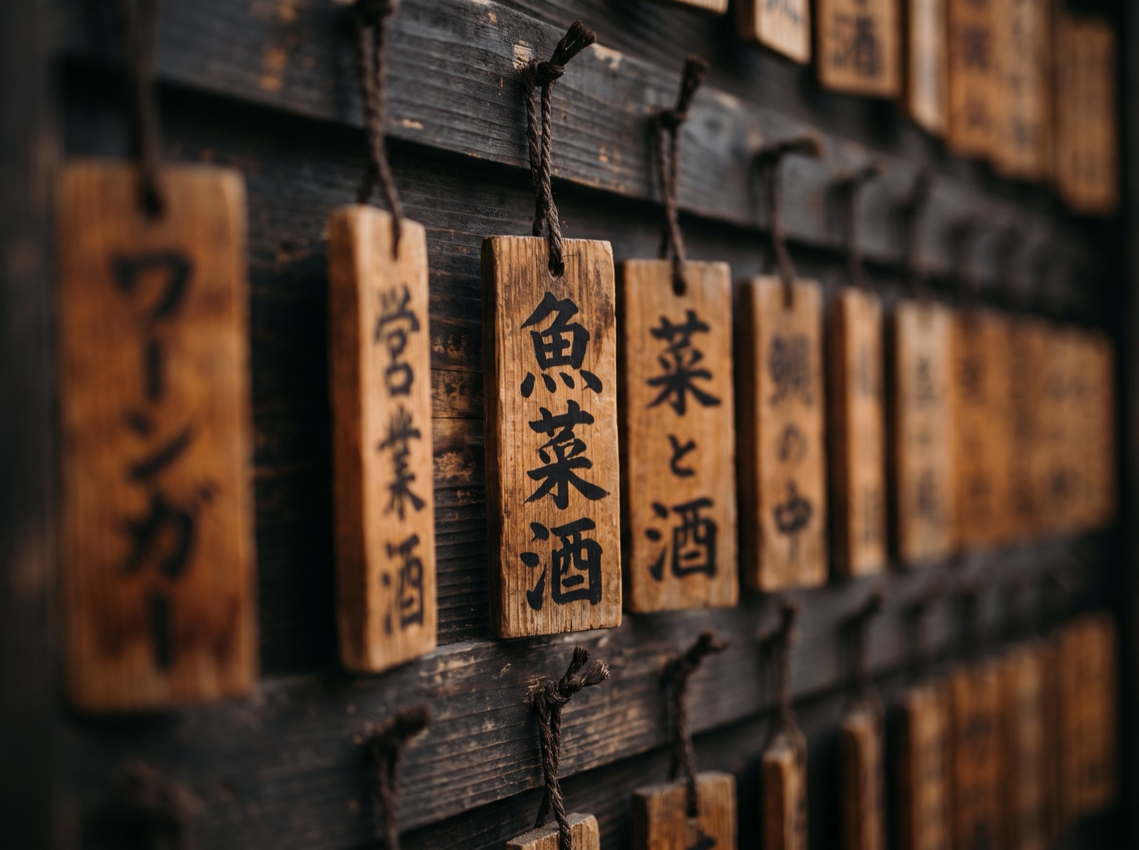 Handwritten wooden menu tags hung in rows on a wall.