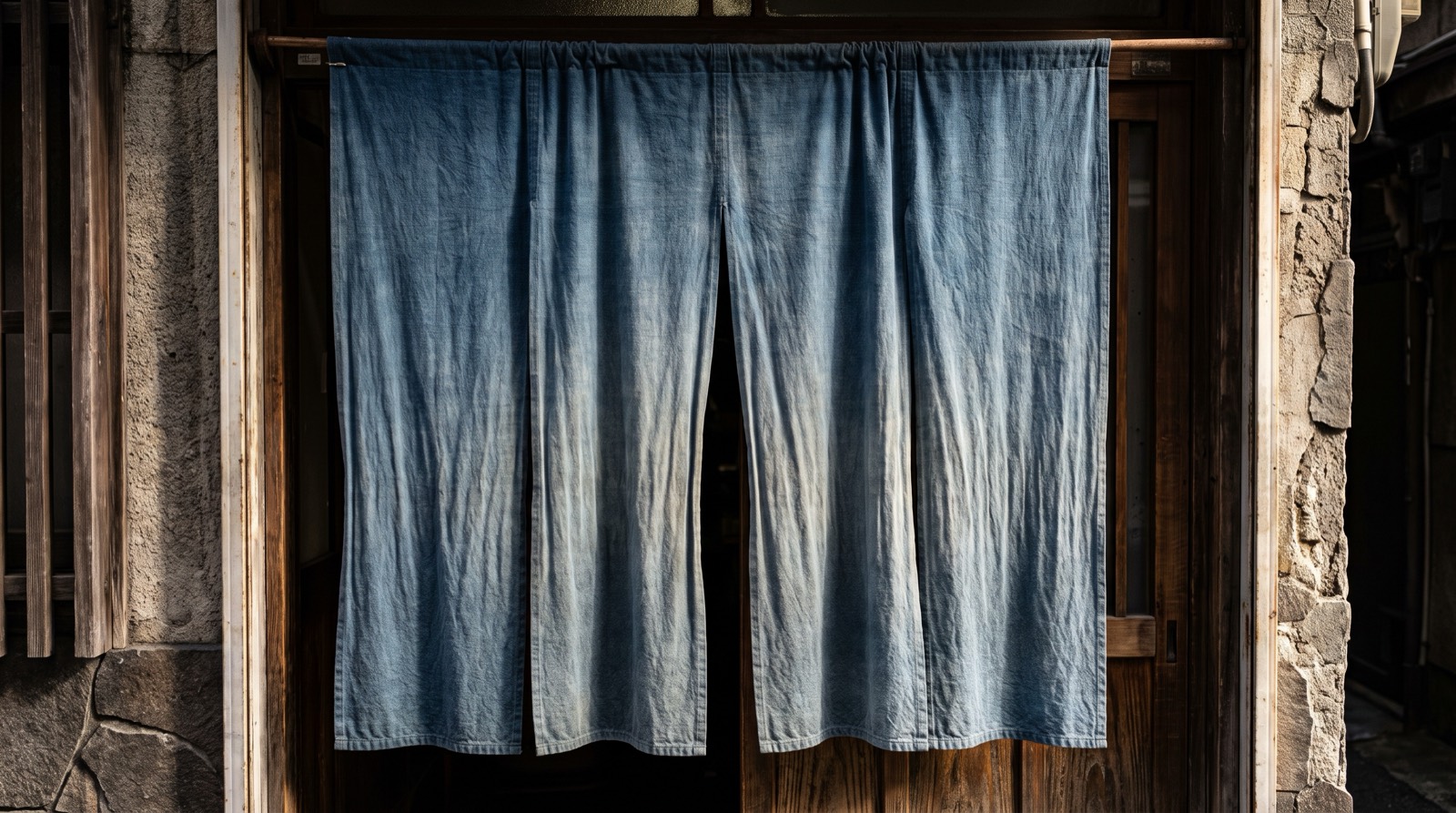 A shop curtain hung across a narrow doorway, faded along its folds.