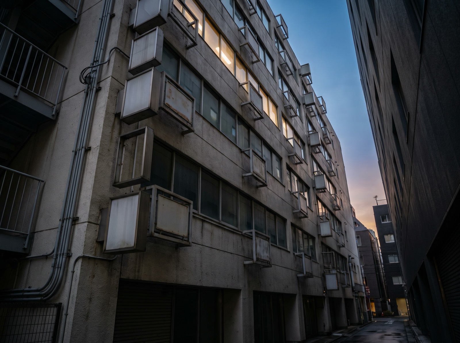 Looking up a narrow commercial building, tenant frontages stacked on every floor.