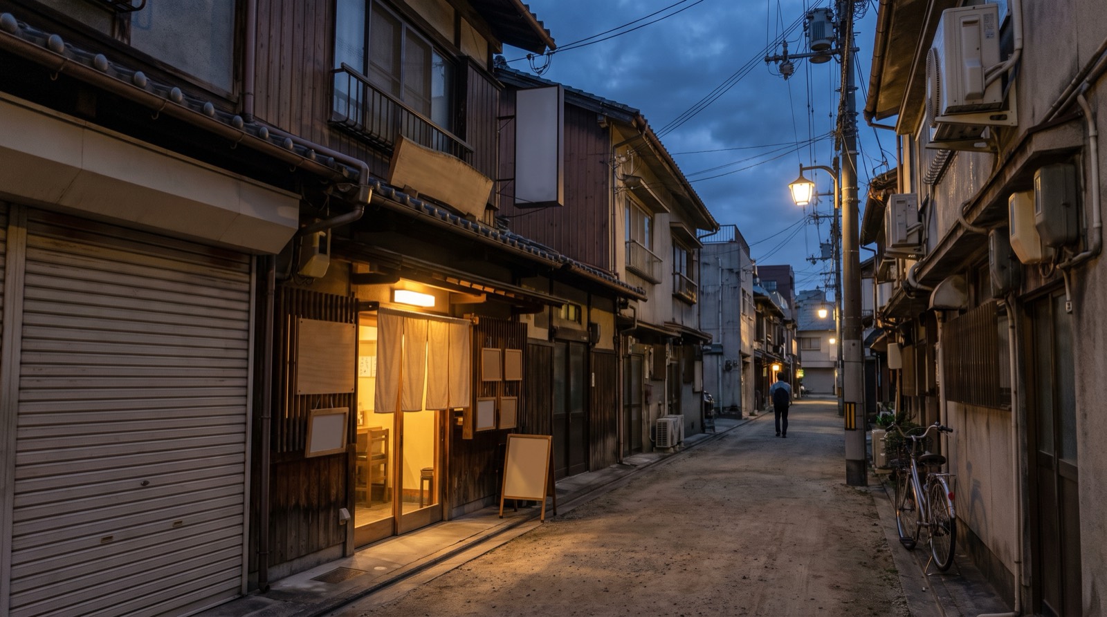 A low-rise street at dusk where housing and small eating places sit side by side.