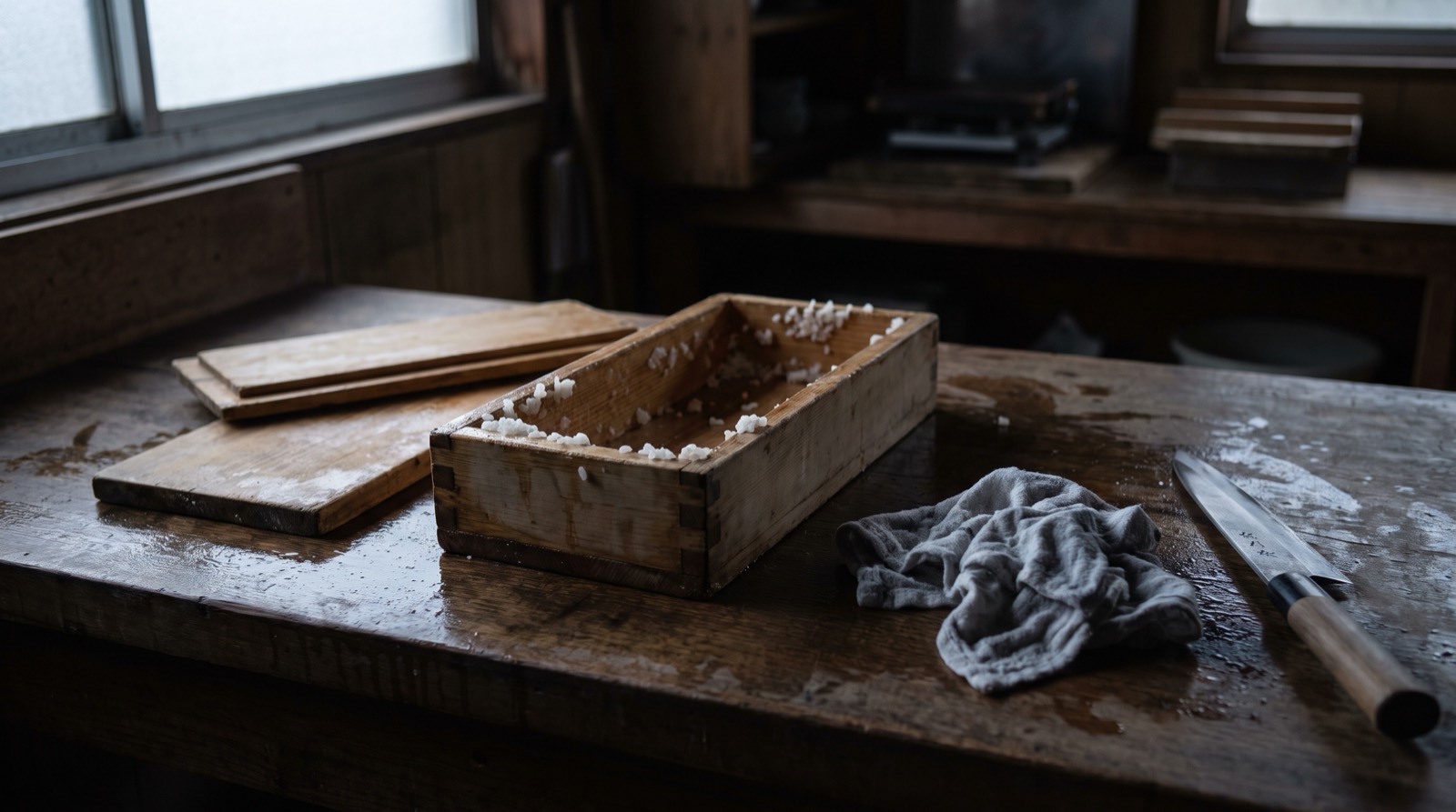 A wooden pressing box open on a damp work bench in the early morning.