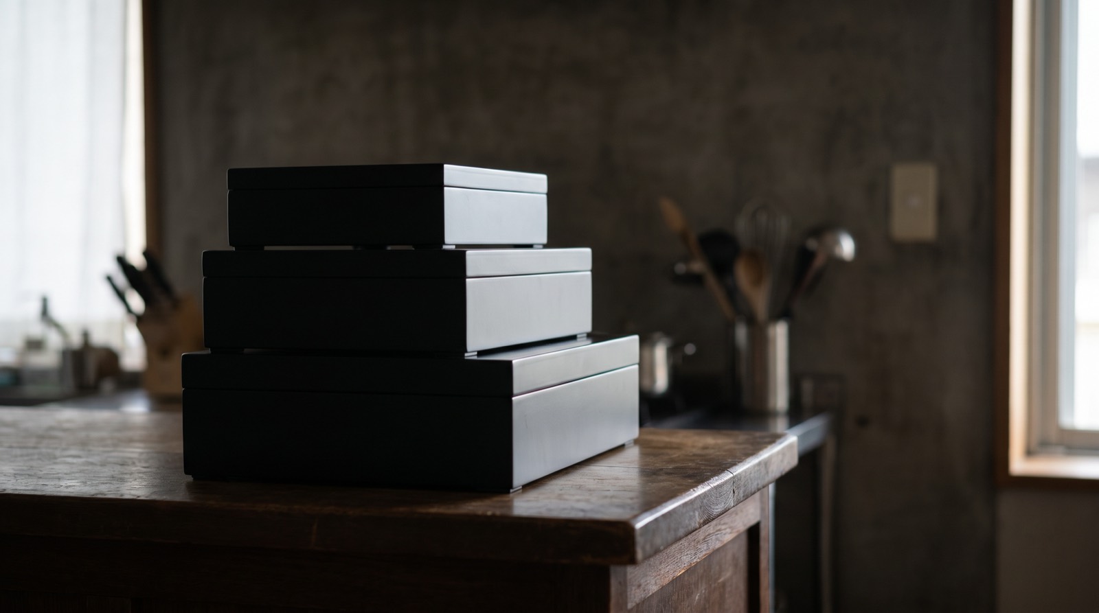 Three closed lacquer boxes stacked in graded sizes at the end of a counter.