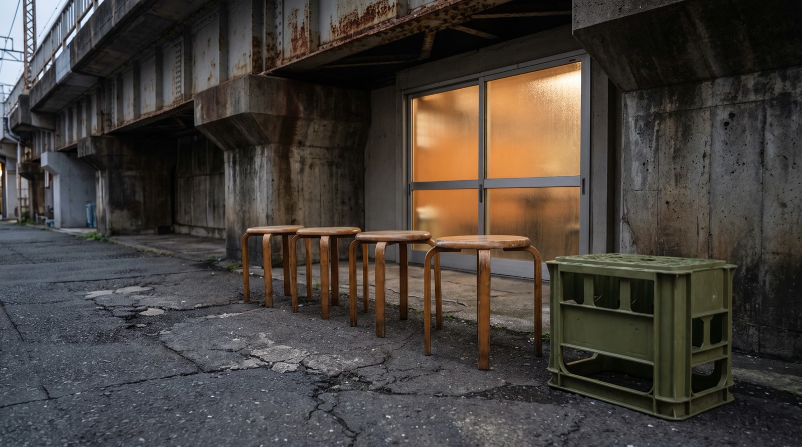 Wooden stools set out on the ground beneath a concrete railway viaduct.