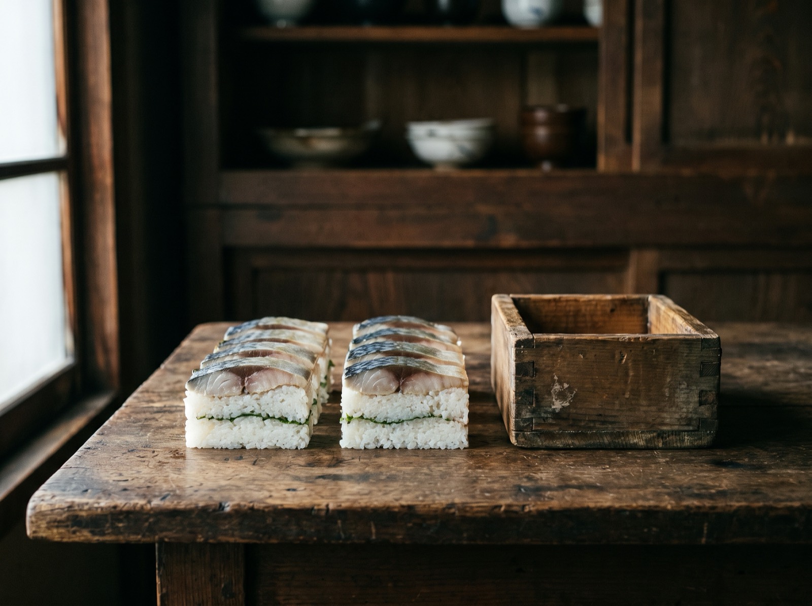 Box sushi, turned out of the mould and cut.