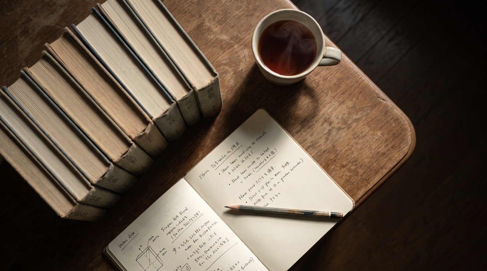 Japanese reference books stacked beside a notebook on a dark desk.