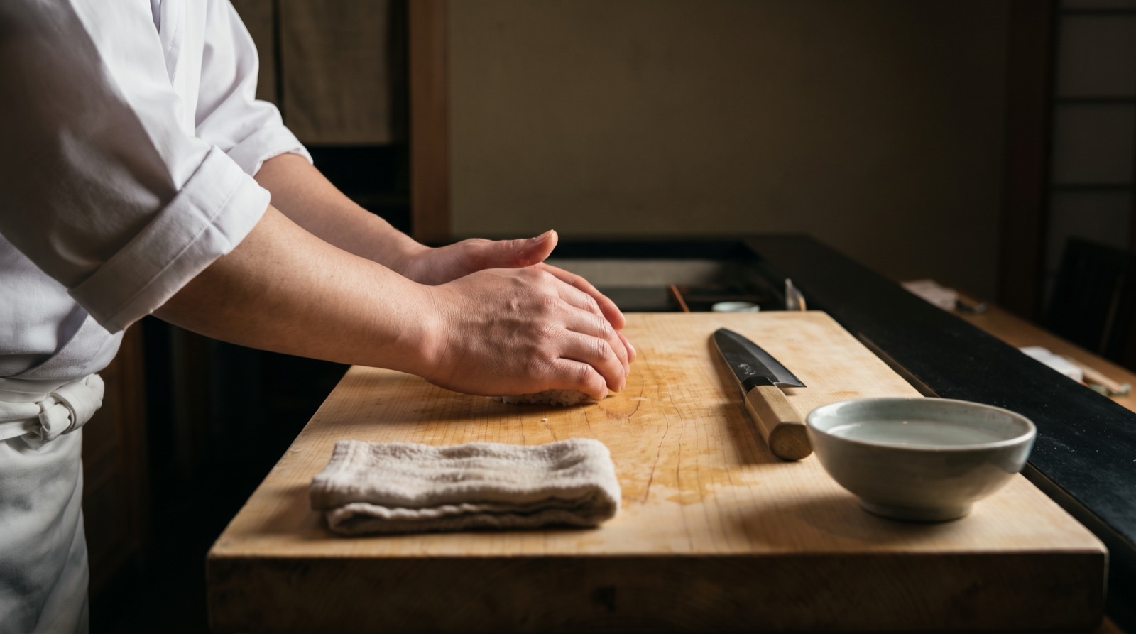 A chef’s hands at the board a moment before forming a piece.