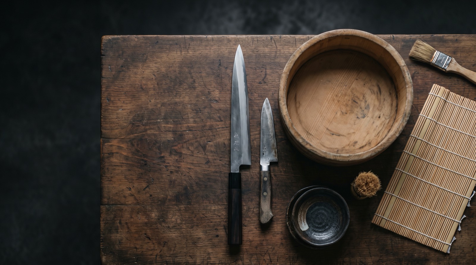 A chef’s tools and vessels laid out on a work surface, seen from above.
