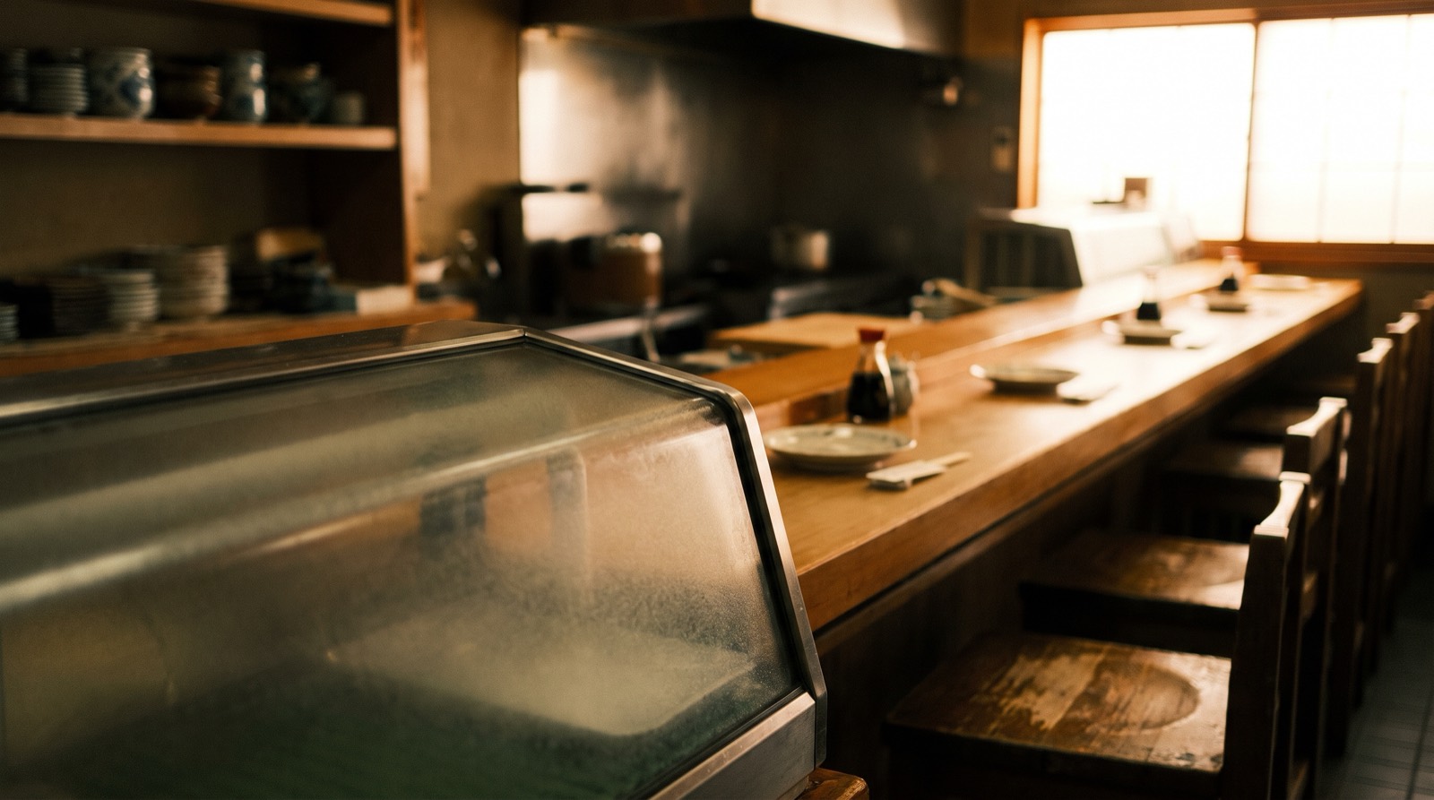 The counter seen through the glass of a neta case.