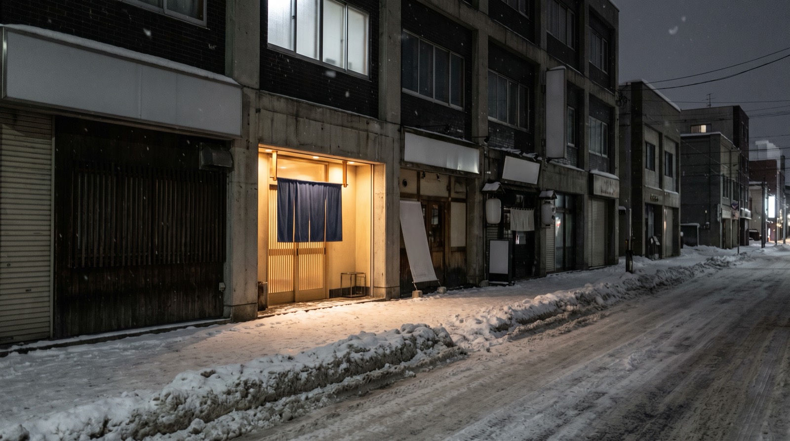 A snow-lined street of low buildings at night, one narrow lit doorway between them.