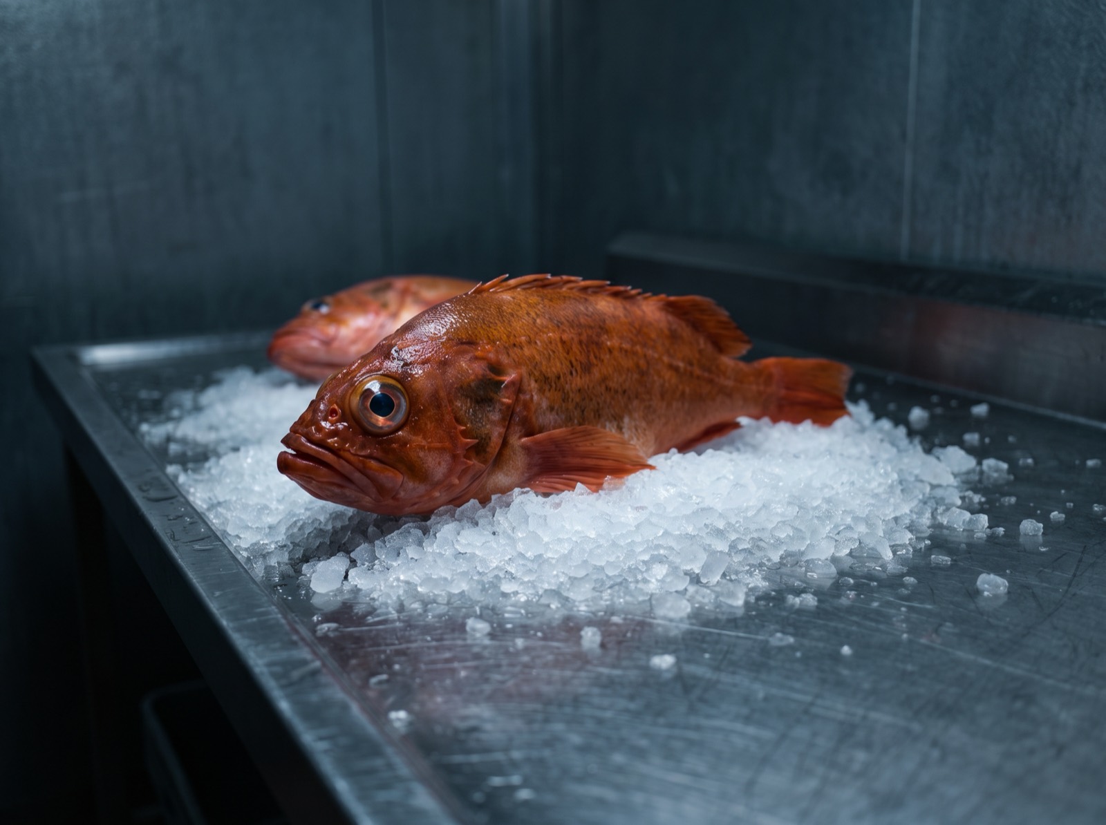 A whole kinki, skin on, laid on ice on the bench.