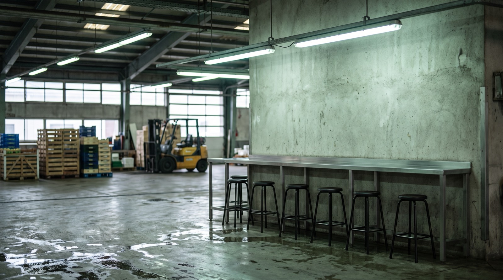 A small eating counter inside a working market building before dawn.