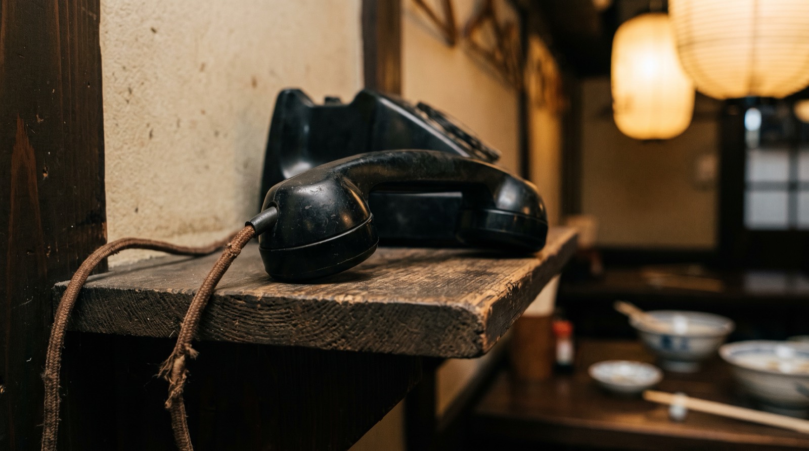 The handset of an old telephone lying off its cradle on a wooden shelf.