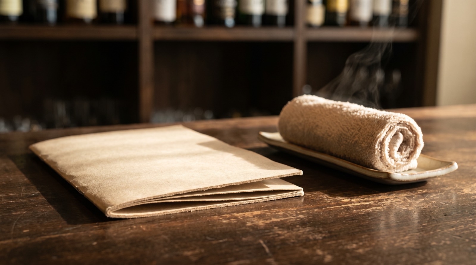 A closed menu card lying on the counter beside a warm towel.
